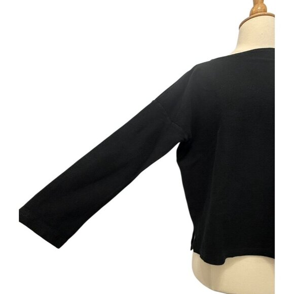ICHI Antiquites Black Long Sleeve Top Boxy Relaxed Modern Waffle Cotton Linen OS - Picture 5 of 11
